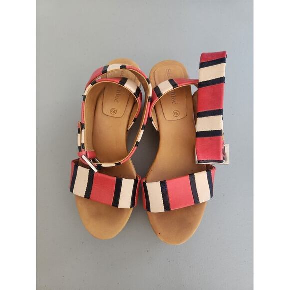See By Chloe Size 35.5 'Patti' Tri-Tone Striped Leather Cork Wedge Sandals - Picture 2 of 14
